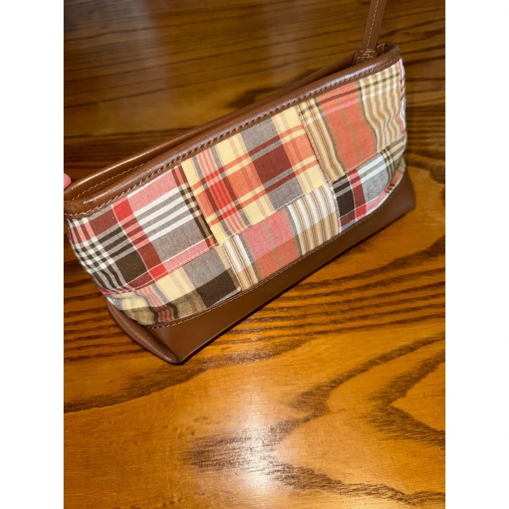 Ann Taylor LOFT Patchwork Plaid Cosmetic Bag Brown‎ Faux Leather Trim Clutch